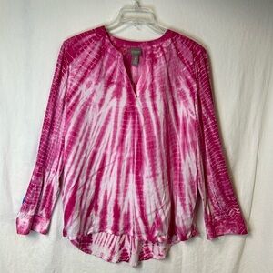 Chico’s Women’s Tunic Top Size XL (3) Tie Dye Pink White Long Sleeve Tab Up